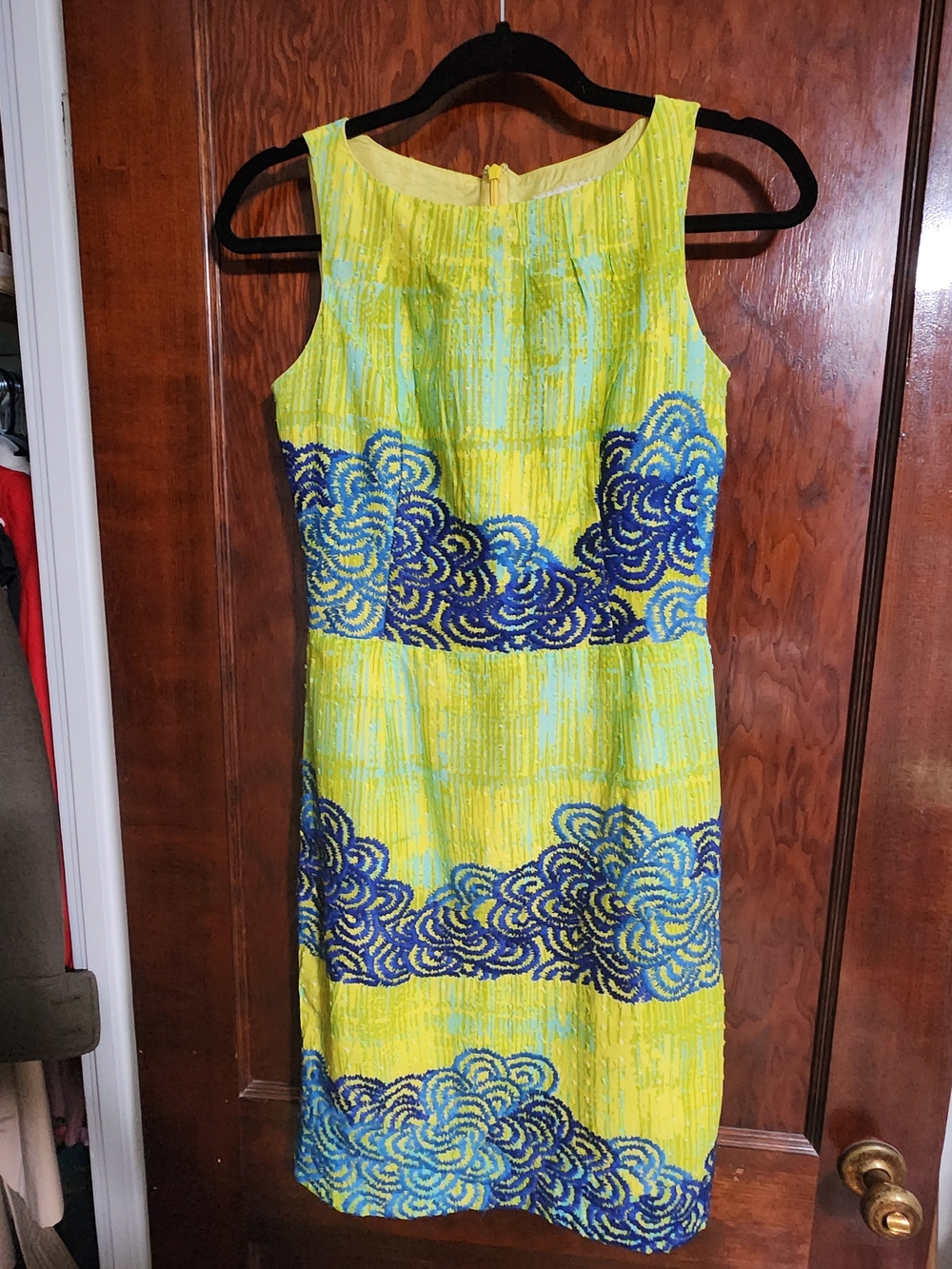 Anthropologie Tabitha Azure Scroll Embroidered Textured Sheath Dress Size 2P